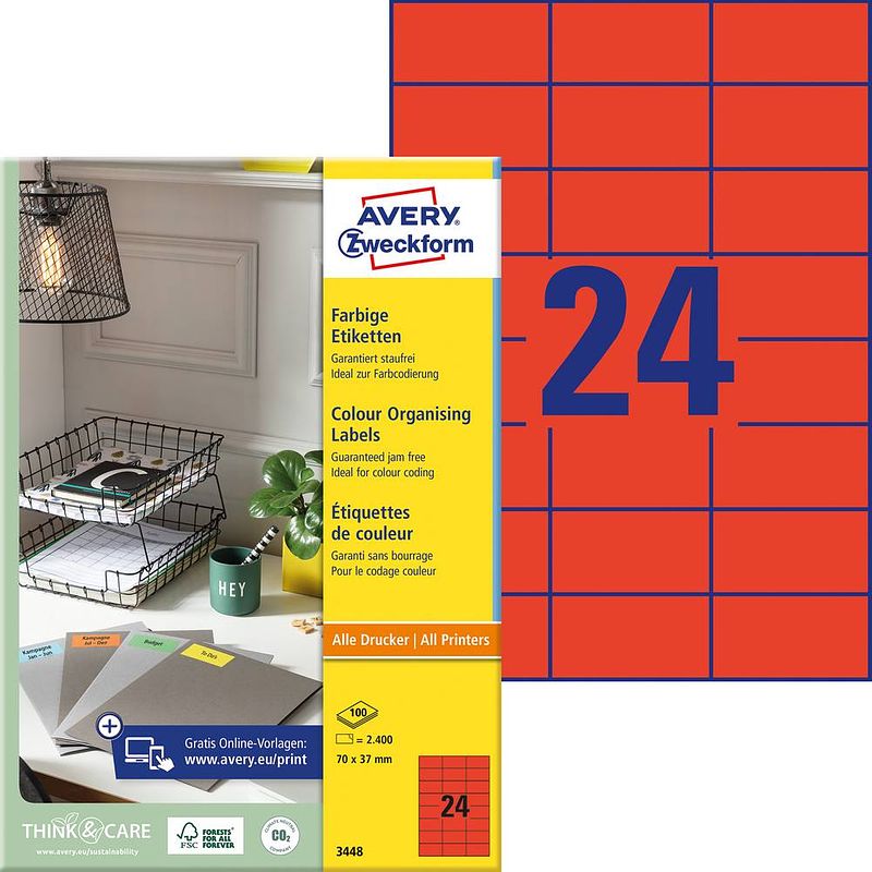 Foto van Avery etiketten ilc ft 70 x 37 mm (b x h), 2400 etiketten per doos, 24 per blad, rood