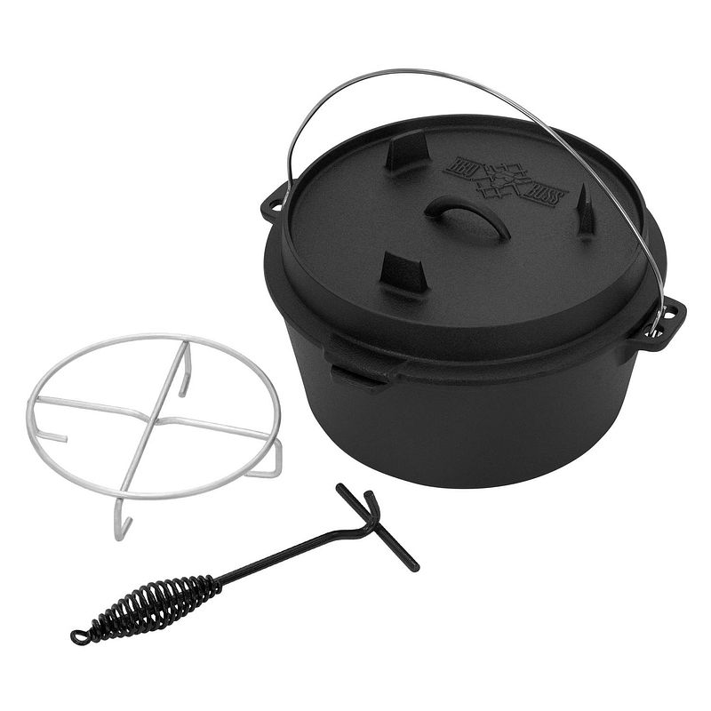 Foto van Dutch oven set bbq 9l zwart gietijzer met dekselheffer en onderzetter bbq#boss