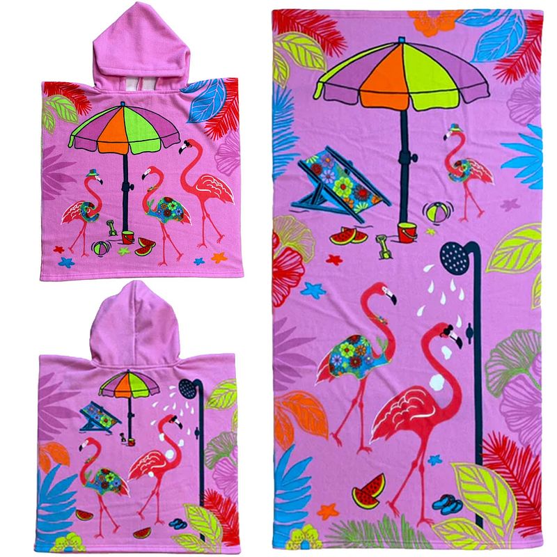 Foto van Set van bad cape/poncho met strand/badlaken voor kinderen flamingo print microvezel - badcapes