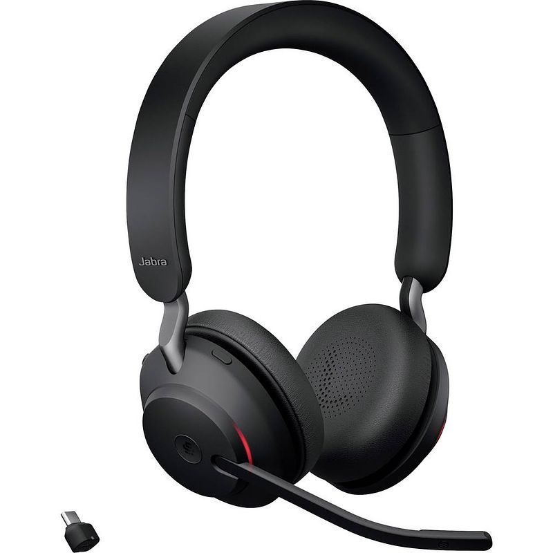 Foto van Jabra evolve2 65 ms over ear headset bluetooth telefoon stereo zwart volumeregeling, indicator voor batterijstatus, microfoon uitschakelbaar (mute)