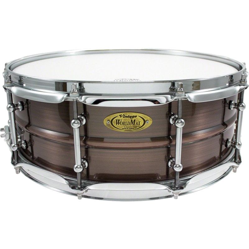 Foto van Worldmax 14x5 inch brushed red copper brass shell snaredrum