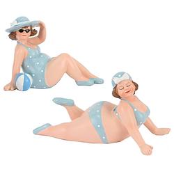 Foto van Woonkamer decoratie beeldjes set 2 dikke dames - blauw badpak - 17 cm - beeldjes