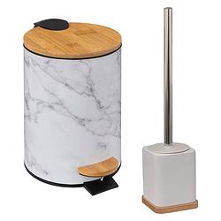 Foto van Badkamer/toilet accessoires set - wc-borstel in houder en prullenbak - wit - bamboe - 3 liter - badkameraccessoireset