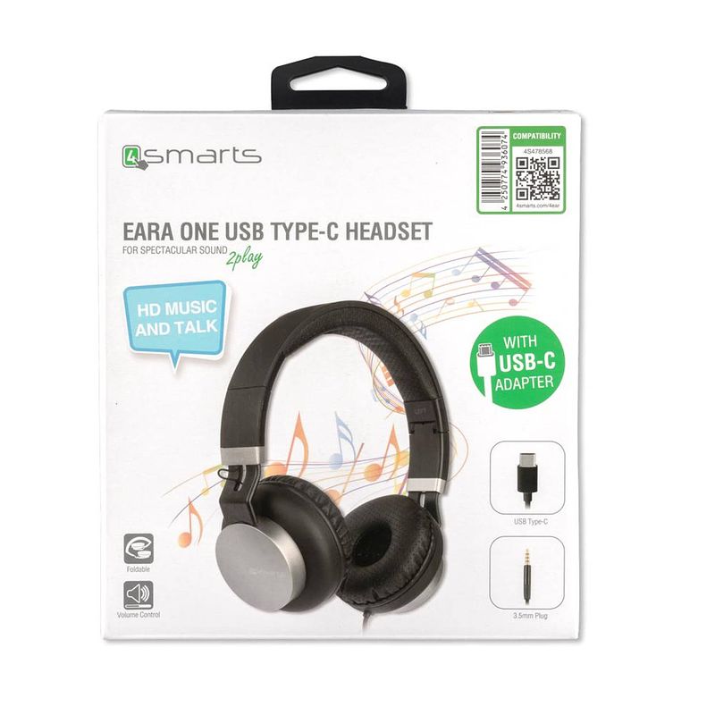 Foto van 4smarts stereo headset eara one met usb-c & 3,5mm aansluiting zwart