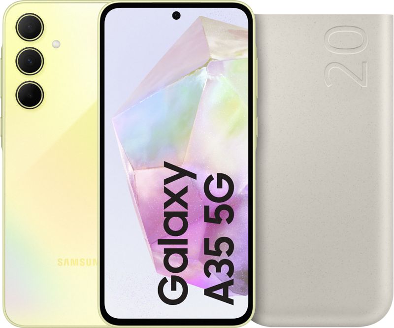 Foto van Samsung galaxy a35 128gb geel 5g + samsung powerbank 20.000 mah met snelladen beige