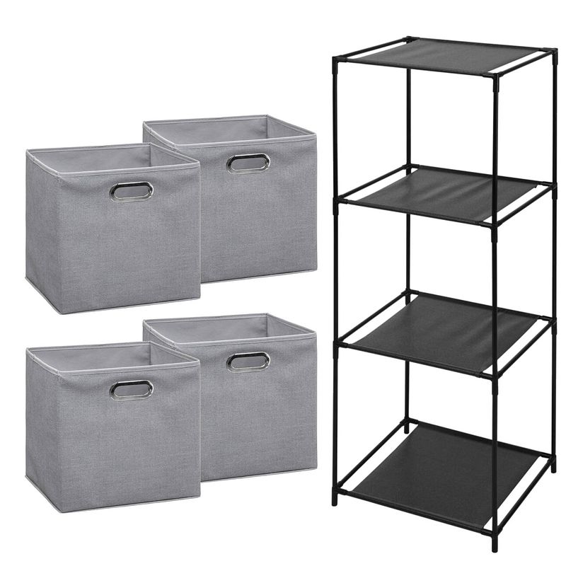 Foto van Storage solutions opbergrek smartrack - met 4x mandjes stof - grijs - 34 x 104 cm - opbergkastjes