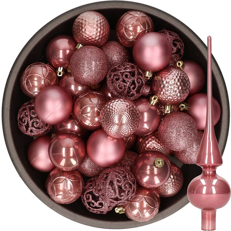 Foto van 37x stuks kunststof kerstballen 6 cm incl. glazen piek glans oudroze - kerstbal