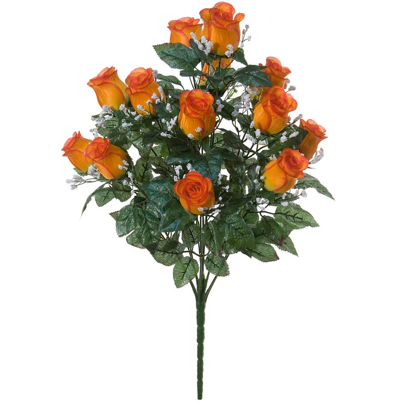 Foto van Louis maes kunstbloemen boeket rozen/gipskruid - oranje - h56 cm - bloemstuk - bladgroen - kunstbloemen