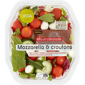Foto van Per verpakking m.u.v. basis salades gegrilde kip, tonijn, kip pittig, kip kerrie | jumbo maaltijdsalade mozzarella & croutons 450g aanbieding bij jumbo