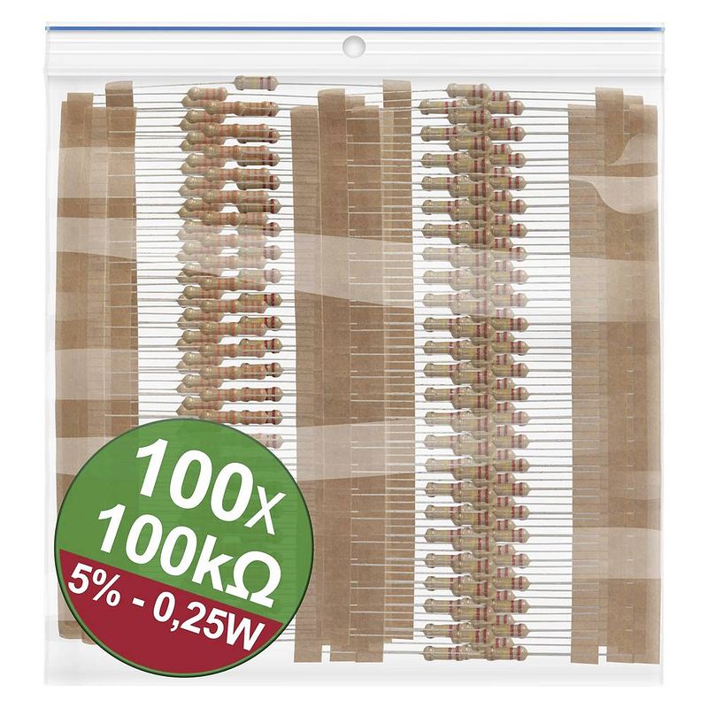 Foto van Quadrios 22p077 koolfilmweerstand assortiment 100 kω axiaal bedraad 0.25 w 5 % 1 set(s)