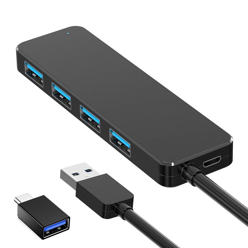 Foto van Strex usb 3.0 hub - usb splitter - 4 poorten - 5gbps - 60cm kabel - inclusief usb c adapter