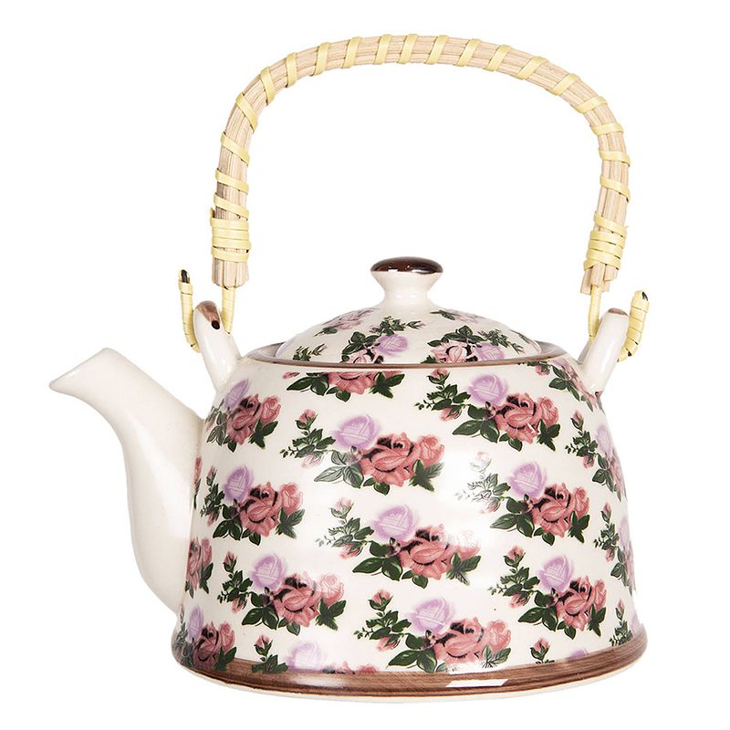 Foto van Haes deco - chinese theepot - porselein - paars en roze bloemen - theepot 800 ml - traditioneel theeservies, theekan