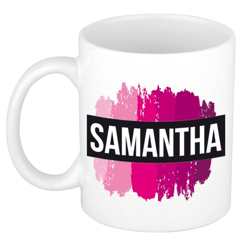 Foto van Naam cadeau mok / beker samantha met roze verfstrepen 300 ml - naam mokken