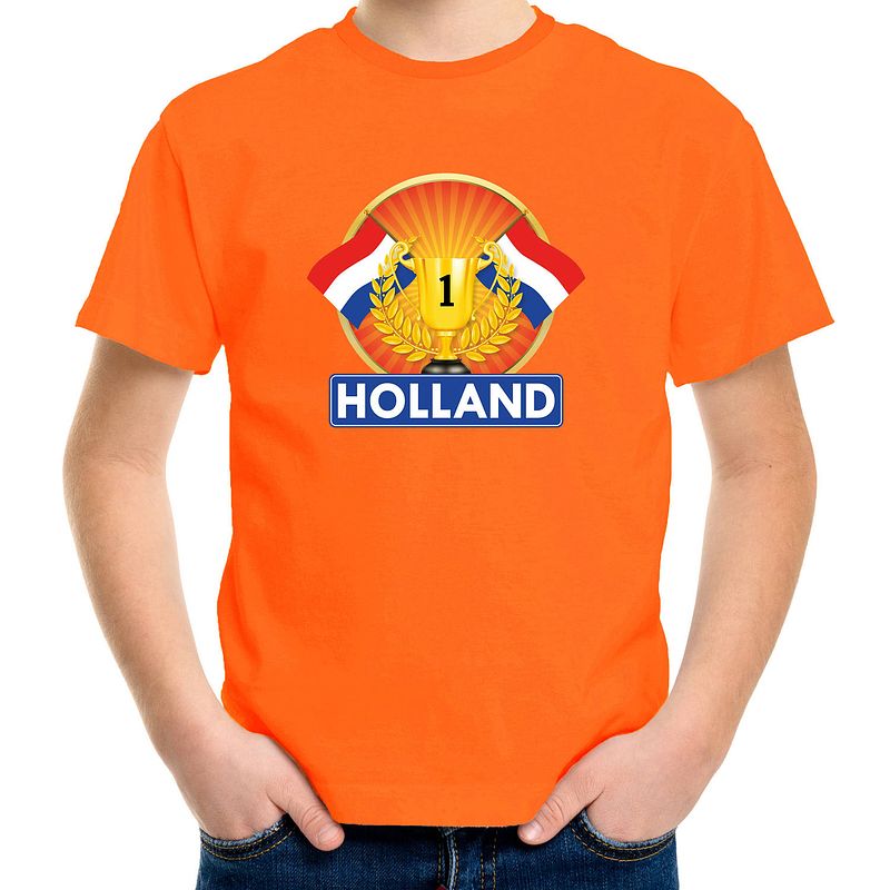 Foto van Oranje nederland kampioen t-shirt kinderen - holland supporter shirt jongens en meisjes l (146-152)