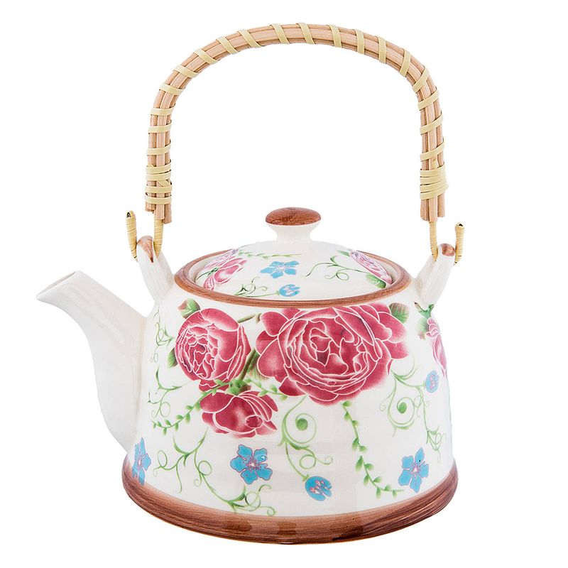 Foto van Haes deco - chinese theepot - porselein - roze en blauwe bloemen - theepot 700 ml - traditioneel theeservies, theekan