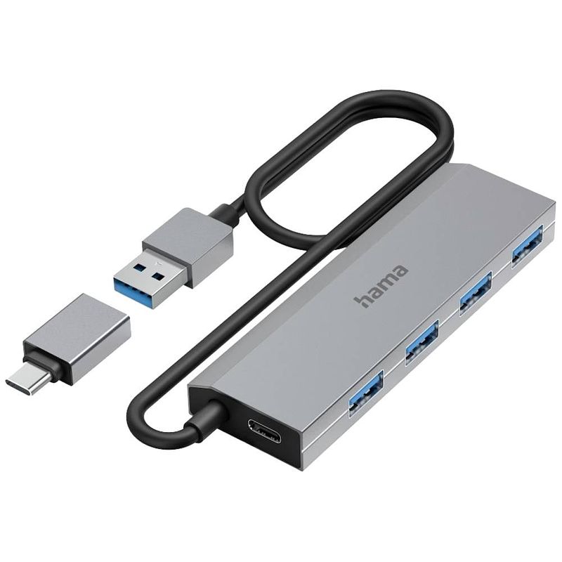 Foto van Hama usb 3.2 gen 1-hub 4 poorten met usb-c stekker grijs