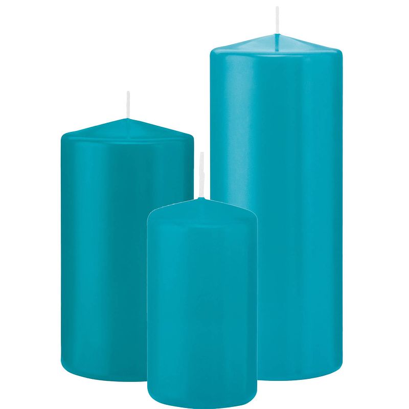 Foto van Stompkaarsen set van 6x stuks turquoise blauw 12-15-20 cm - stompkaarsen