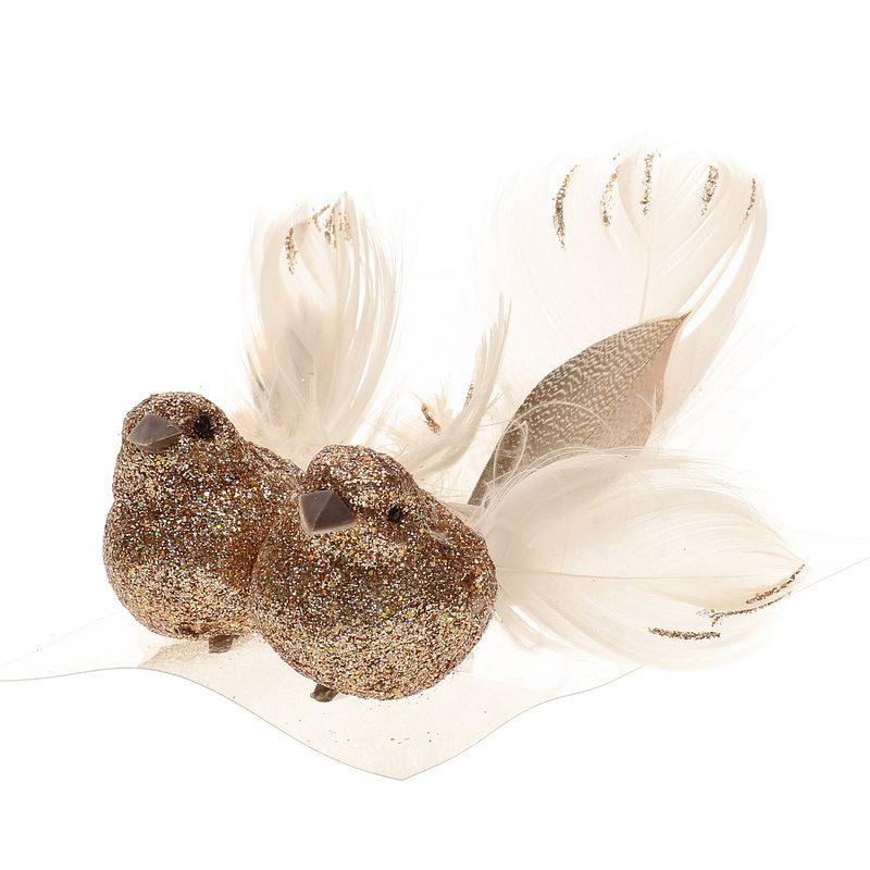 Foto van 2x stuks decoratie vogels op clip glitter champagne 11 cm - kersthangers