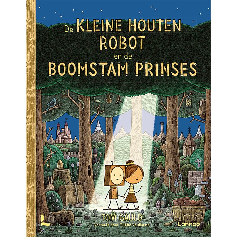 Foto van De kleine houten robot en de boomstam prinses