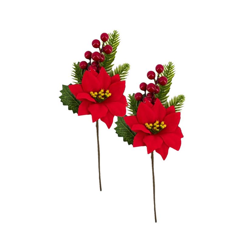 Foto van 2x stuks kerststukje stekertjes met hulst/bessen/dennentak/kerstster groen/rood 26 cm - kerststukjes