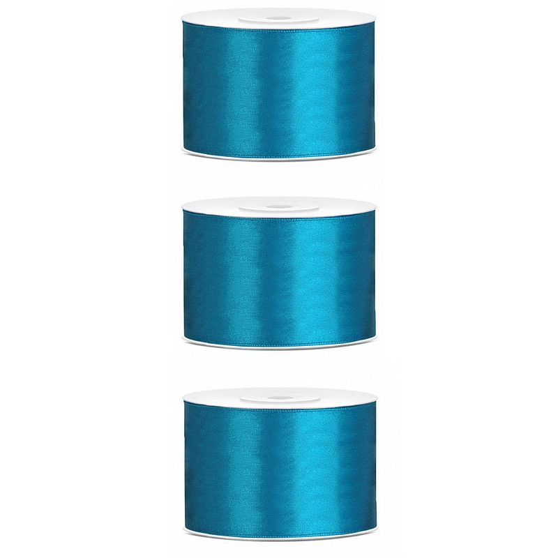 Foto van 3x hobby/decoratie turquoise satijnen sierlinten 5 cm/50 mm x 25 meter - cadeaulinten