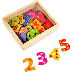 Foto van Magnetische houten cijfers/nummers gekleurd 40 stuks - koelkast speelgoed magneten cijfers - leren rekenen en tellen