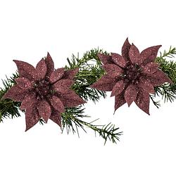 Foto van 2x stuks kerstboom decoratie bloemen donkerrood glitter op clip 18 cm - kunstbloemen