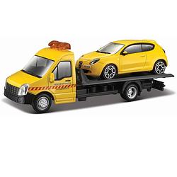 Foto van Bburago schaalmodel alfa romeo mito + flatbed transporter 1:43 geel