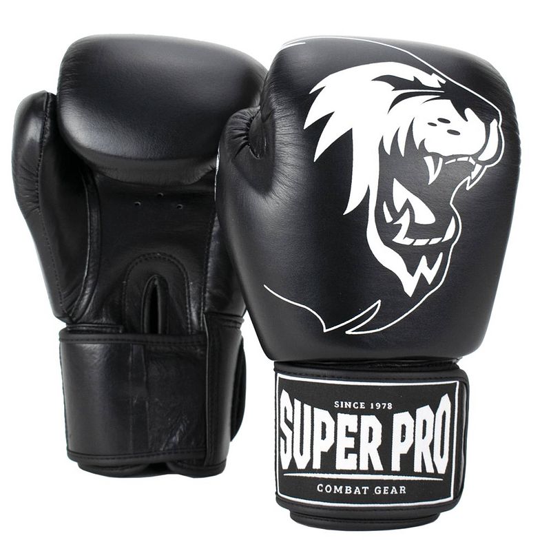 Foto van Super pro combat gear warrior lederen (kick)bokshandschoenen - zwart/wit - 10 oz