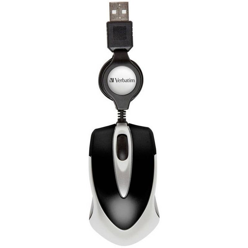 Foto van Verbatim go mini muis usb optisch zwart, metallic 3 toetsen 1000 dpi met kabelroller