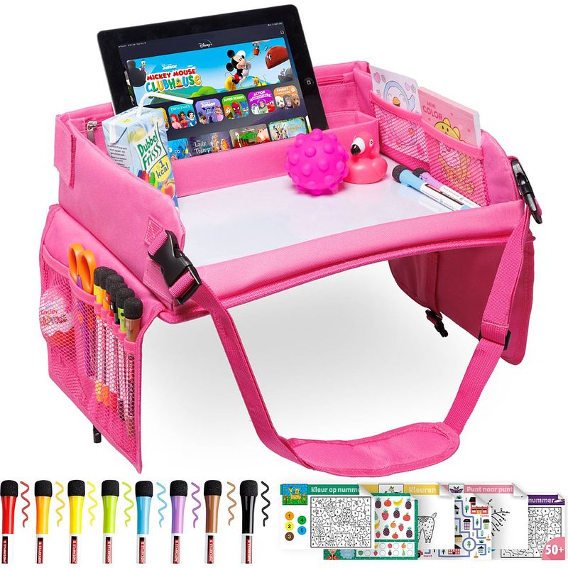 Foto van Rx goods premium reistafel met tekentafel & tablethouder- opvouwbaar - auto organizer - whiteboard - roze