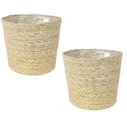 Foto van Set van 2x stuks plantenpot/bloempot van jute/zeegras diameter 26 cm en hoogte 23 cm creme beige - plantenpotten