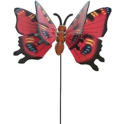 Foto van Metalen vlinder rood 17 x 60 cm op steker - tuindecoratie vlinders - dierenbeelden