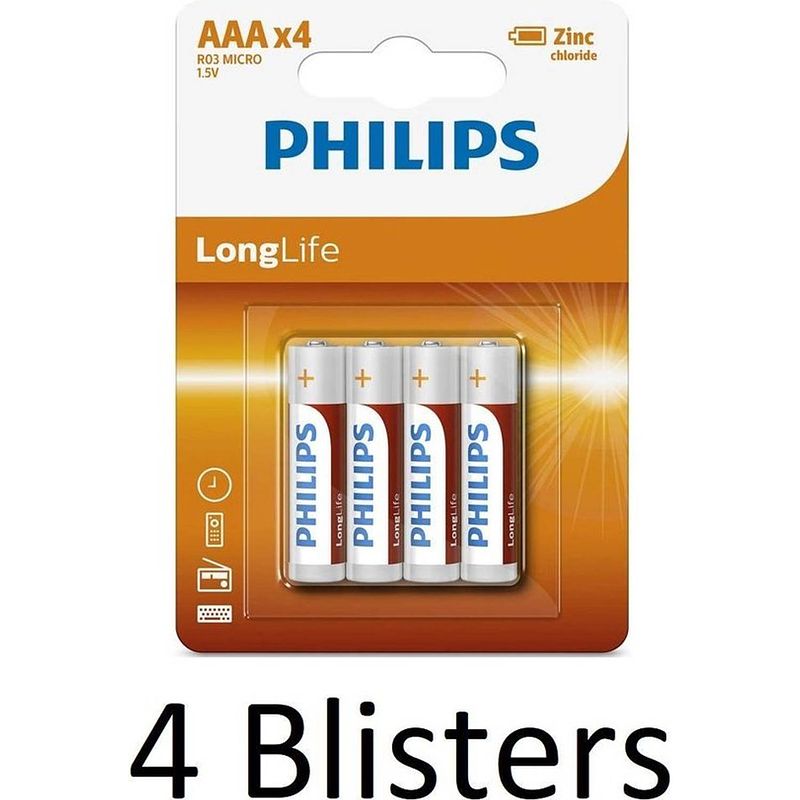 Foto van 16 stuks (4 blisters a 4 st) philips longlife aaa batterijen
