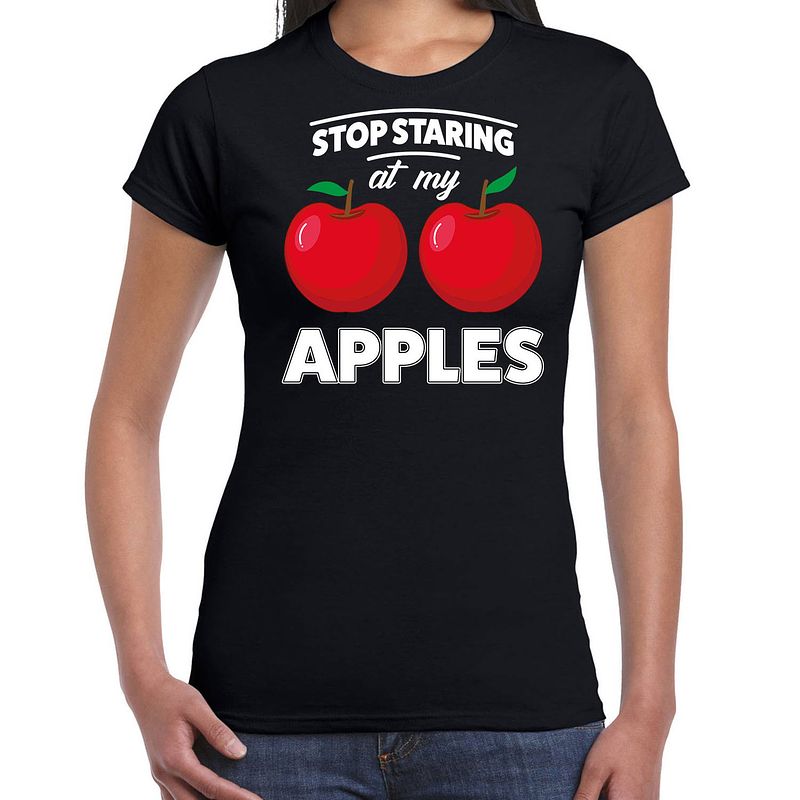 Foto van Stop staring at my apples boobs t-shirt zwart dames m - feestshirts