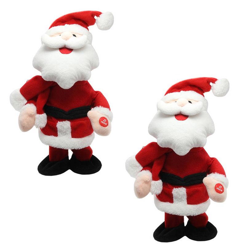 Foto van 2x stuks kerstman knuffel poppen dansend 30 cm bewegende kerstfiguren/kerstpoppen - kerstman pop