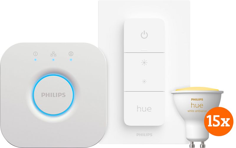 Foto van Philips hue white ambiance starter pack gu10 met 15  lampen, dimmer + bridge