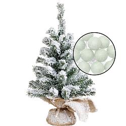 Foto van Mini kerstboom besneeuwd met verlichting - in jute zak - h45 cm - lichtgroen - kunstkerstboom