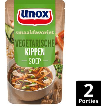 Foto van 2 zakken soep a 570 ml, pakken cupasoup a 3 stuks of single verpakkingen noodles of pasta | unox smaakfavoriet soep in zak vegetarische kippen 570ml aanbieding bij jumbo