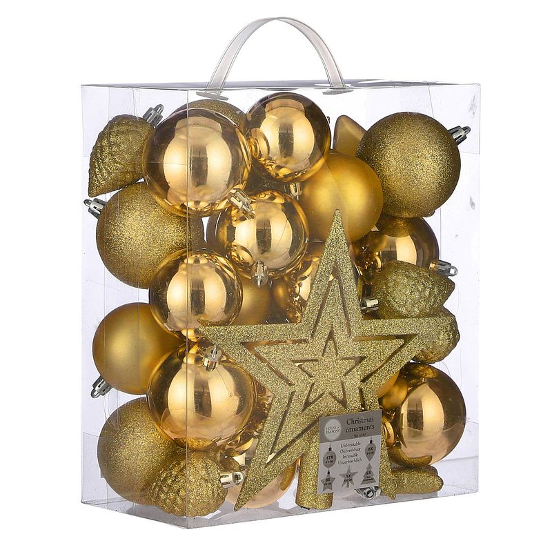 Foto van 39x stuks kunststof kerstballen en kerstornamenten met ster piek geel mix - kerstbal