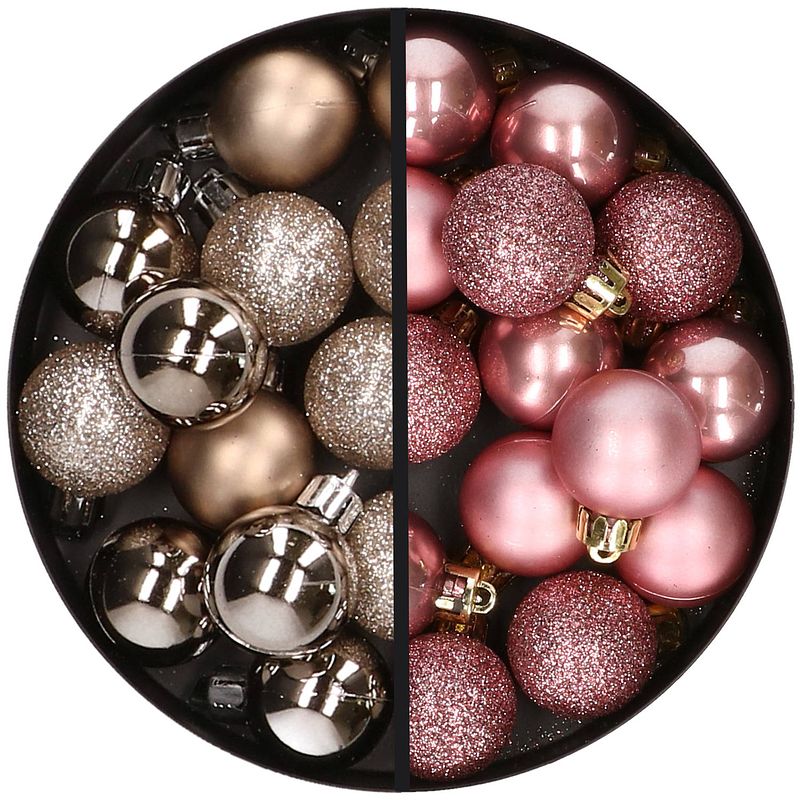 Foto van 34x stuks kunststof kerstballen champagne en oudroze 3 cm - kerstbal