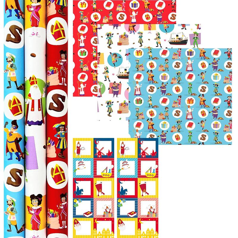 Foto van Club van sinterklaas sinterklaascadeaupapier incl. 20 naamstickers - 3 rollen 70 cm x 2 meter