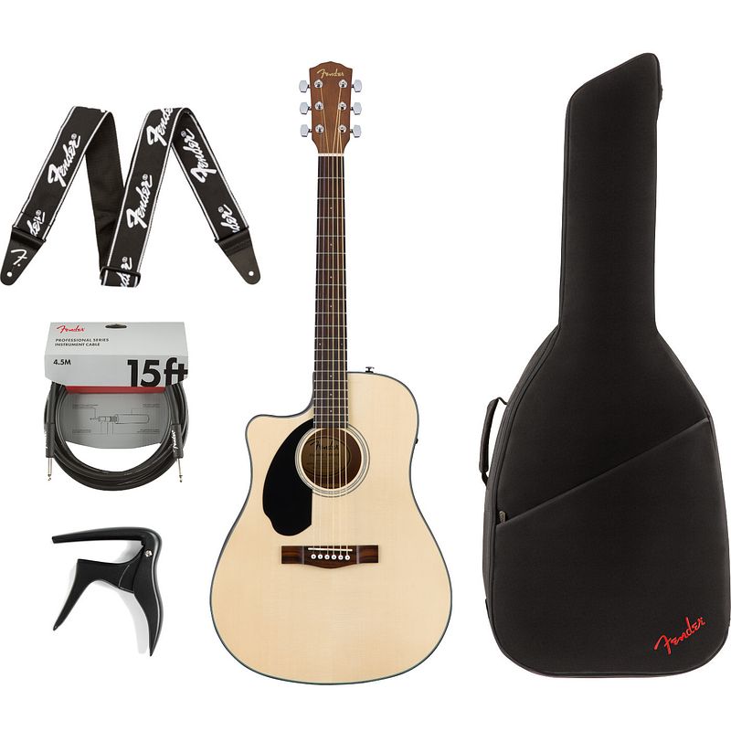 Foto van Fender cd-60sce lh natural elektrisch-akoestische westerngitaar + gigbag + accessoires