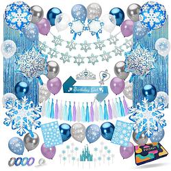 Foto van Fissaly® 96 stuks frozen thema verjaardag decoratie versiering - feestpakket met ballonnen, taart decoratie & slingers