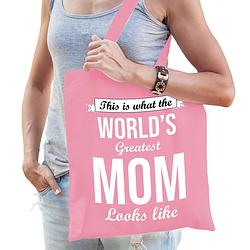 Foto van Moederdag cadeau tas - world'ss greatest mom - roze - katoen - 42 x 38 cm - feest boodschappentassen