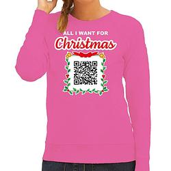 Foto van Bellatio decorations foute kersttrui/sweater dames - qr code - you naked/jij naakt - roze l - kerst truien