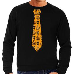 Foto van Halloween thema verkleed sweater / trui heks en pompoen stropdas zwart voor heren m - feesttruien