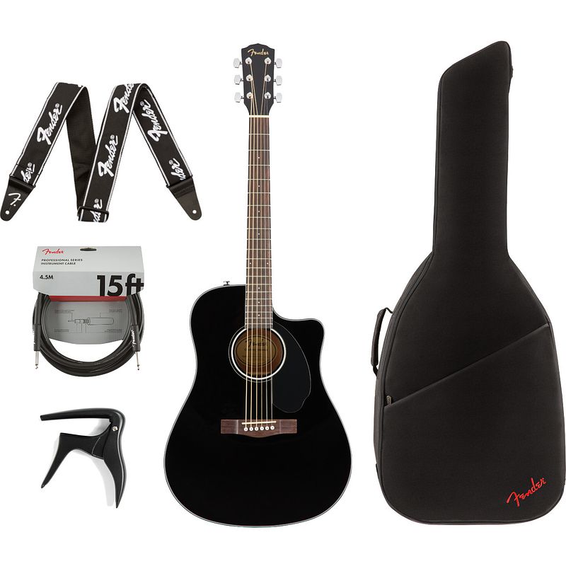 Foto van Fender cd-60sce black elektrisch-akoestische westerngitaar + gigbag + accessoires