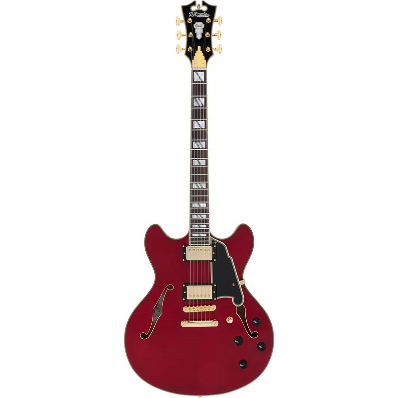 Foto van D'sangelico excel dc stopbar trans cherry semi-akoestische gitaar met koffer