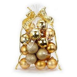 Foto van 20x stuks kunststof kerstballen goud mix 6 cm in giftbag - kerstbal